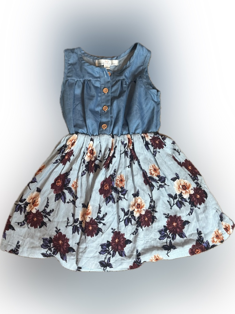 Sleeveless Denim-Top Floral Skater Dress - Light Blue & Burgundy Floral